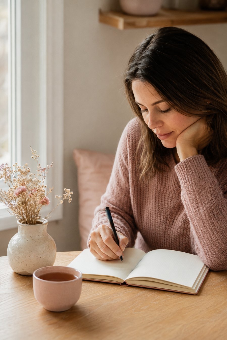 Woman reflecting and writing in her self-care journal