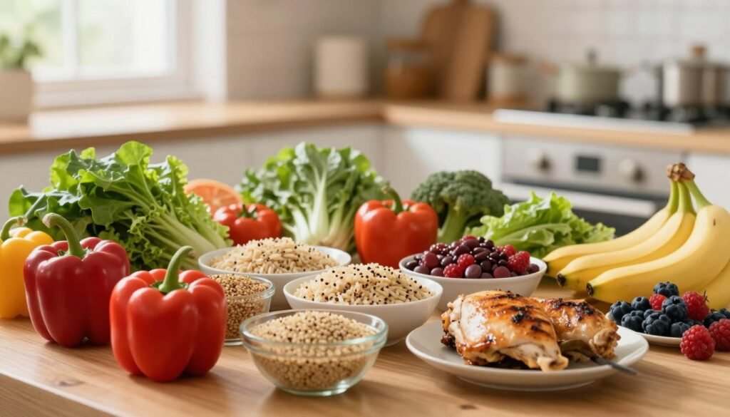 A beautifully arranged table showcasing a balanced diet, foreground filled with vibrant fruits and vegetables like red bell peppers, leafy greens, bananas, and berries. In the middle, display a variety of whole grains such as brown rice and quinoa, alongside protein sources like grilled chicken and legumes. The background features a well-lit kitchen setting with soft natural light pouring in through a window, creating a warm and inviting atmosphere. Use a shallow depth of field to focus on the food while slightly blurring the kitchen elements. The overall mood should be fresh and healthy, inspiring viewers to embrace nutritious choices in their daily lives. A beautifully arranged table showcasing a balanced diet, foreground filled with vibrant fruits and vegetables like red bell peppers, leafy greens, bananas, and berries. In the middle, display a variety of whole grains such as brown rice and quinoa, alongside protein sources like grilled chicken and legumes. The background features a well-lit kitchen setting with soft natural light pouring in through a window, creating a warm and inviting atmosphere. Use a shallow depth of field to focus on the food while slightly blurring the kitchen elements. The overall mood should be fresh and healthy, inspiring viewers to embrace nutritious choices in their daily lives.