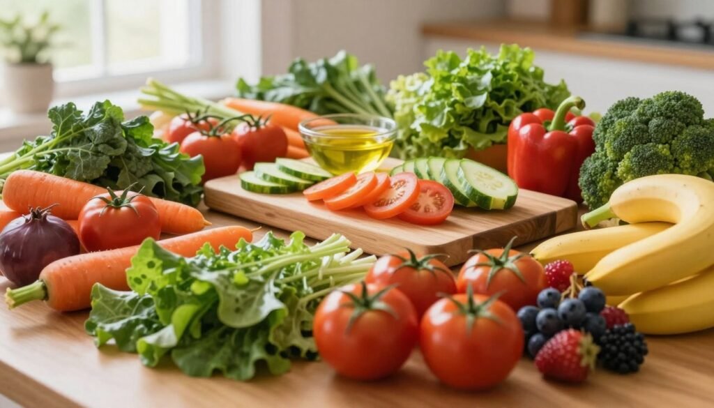 A beautifully arranged tabletop filled with an array of vibrant, fresh vegetables and fruits showcasing a balanced diet. In the foreground, include a colorful assortment of leafy greens, tomatoes, carrots, bell peppers, and broccoli, interspersed with ripe berries and bananas. The middle layer features a wooden cutting board with neatly sliced vegetables and a small bowl of olive oil, emphasizing healthy preparation methods. In the background, soft natural light filters through a window, casting gentle shadows, creating a warm and inviting atmosphere. Use a slightly elevated angle to capture the various layers of food, with a shallow depth of field to blur the perception of the background, focusing on the fresh produce. The mood is wholesome, refreshing, and inspiring, encouraging viewers to embrace healthy eating. A beautifully arranged tabletop filled with an array of vibrant, fresh vegetables and fruits showcasing a balanced diet. In the foreground, include a colorful assortment of leafy greens, tomatoes, carrots, bell peppers, and broccoli, interspersed with ripe berries and bananas. The middle layer features a wooden cutting board with neatly sliced vegetables and a small bowl of olive oil, emphasizing healthy preparation methods. In the background, soft natural light filters through a window, casting gentle shadows, creating a warm and inviting atmosphere. Use a slightly elevated angle to capture the various layers of food, with a shallow depth of field to blur the perception of the background, focusing on the fresh produce. The mood is wholesome, refreshing, and inspiring, encouraging viewers to embrace healthy eating.