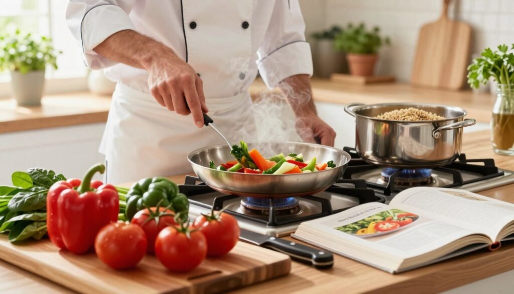 A bright and inviting kitchen scene showcasing healthy cooking techniques. In the foreground, a wooden cutting board is filled with colorful, fresh vegetables like bell peppers, spinach, and tomatoes, along with a chef's knife glistening under soft, warm light. In the middle ground, a chef, dressed in professional attire, is skillfully sautéing vegetables in a stainless steel pan on a gas stove, the vibrant colors steaming healthily. To the right, a pot of quinoa simmers on another burner, while a cookbook opened to a page on healthy cooking techniques lies on the counter. The background features sunlit windows with herbs growing in pots, creating an atmosphere of wellness and abundance, emphasizing nourishment and a healthy lifestyle. The lighting is soft and natural, conveying a warm, inspiring mood. A bright and inviting kitchen scene showcasing healthy cooking techniques. In the foreground, a wooden cutting board is filled with colorful, fresh vegetables like bell peppers, spinach, and tomatoes, along with a chef's knife glistening under soft, warm light. In the middle ground, a chef, dressed in professional attire, is skillfully sautéing vegetables in a stainless steel pan on a gas stove, the vibrant colors steaming healthily. To the right, a pot of quinoa simmers on another burner, while a cookbook opened to a page on healthy cooking techniques lies on the counter. The background features sunlit windows with herbs growing in pots, creating an atmosphere of wellness and abundance, emphasizing nourishment and a healthy lifestyle. The lighting is soft and natural, conveying a warm, inspiring mood.