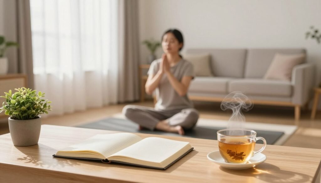 A serene and harmonious indoor scene emphasizing mental health and stress management techniques. In the foreground, a tranquil workspace features a neatly arranged desk with a journal, a steaming cup of herbal tea, and a small potted plant, symbolizing self-care and mindfulness. In the middle ground, a person dressed in modest, casual clothing practices yoga, demonstrating deep breathing in a peaceful pose surrounded by soft natural light. The background showcases a cozy, inviting room with soft pastel colors, natural wood accents, and diffused sunlight streaming through sheer curtains, creating a calming atmosphere. The overall mood is relaxing and uplifting, promoting a sense of well-being and emotional balance. A serene and harmonious indoor scene emphasizing mental health and stress management techniques. In the foreground, a tranquil workspace features a neatly arranged desk with a journal, a steaming cup of herbal tea, and a small potted plant, symbolizing self-care and mindfulness. In the middle ground, a person dressed in modest, casual clothing practices yoga, demonstrating deep breathing in a peaceful pose surrounded by soft natural light. The background showcases a cozy, inviting room with soft pastel colors, natural wood accents, and diffused sunlight streaming through sheer curtains, creating a calming atmosphere. The overall mood is relaxing and uplifting, promoting a sense of well-being and emotional balance.