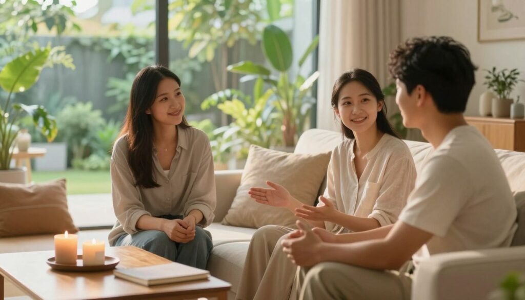 A serene and harmonious scene depicting emotional wellness and conscious living in relationships. In the foreground, a diverse couple, dressed in modest casual clothing, sit on a comfortable sofa, engaged in deep conversation, with gentle smiles and open body language. In the middle ground, a cozy, well-lit living room filled with plants, soft cushions, and warm lighting creates an inviting atmosphere. A coffee table with calming items like a candle and a journal symbolizes mindfulness practices. In the background, large windows showcase a tranquil garden, bathed in soft, natural sunlight. The mood is peaceful and uplifting, evoking a sense of connection and joy. Use a soft focus lens to enhance warmth and intimacy in the image. A serene and harmonious scene depicting emotional wellness and conscious living in relationships. In the foreground, a diverse couple, dressed in modest casual clothing, sit on a comfortable sofa, engaged in deep conversation, with gentle smiles and open body language. In the middle ground, a cozy, well-lit living room filled with plants, soft cushions, and warm lighting creates an inviting atmosphere. A coffee table with calming items like a candle and a journal symbolizes mindfulness practices. In the background, large windows showcase a tranquil garden, bathed in soft, natural sunlight. The mood is peaceful and uplifting, evoking a sense of connection and joy. Use a soft focus lens to enhance warmth and intimacy in the image.