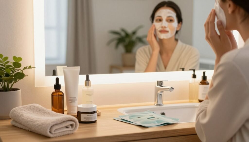 A serene bathroom setting featuring a well-organized skincare routine. In the foreground, a wooden vanity holds an array of aesthetically pleasing skincare products, including serums, creams, and face masks, all beautifully arranged. A soft, plush towel drapes over one side. The middle ground showcases a person gently applying a face mask, dressed in modest casual attire, with a peaceful expression that reflects self-care and tranquility. A large, well-lit mirror reflects the warm light from a nearby window, casting a soft glow that enhances the relaxing atmosphere. In the background, potted plants and soft towels create a calming ambiance. The overall mood is soothing and rejuvenating, evoking a sense of well-being and thoughtful daily routines dedicated to self-care. A serene bathroom setting featuring a well-organized skincare routine. In the foreground, a wooden vanity holds an array of aesthetically pleasing skincare products, including serums, creams, and face masks, all beautifully arranged. A soft, plush towel drapes over one side. The middle ground showcases a person gently applying a face mask, dressed in modest casual attire, with a peaceful expression that reflects self-care and tranquility. A large, well-lit mirror reflects the warm light from a nearby window, casting a soft glow that enhances the relaxing atmosphere. In the background, potted plants and soft towels create a calming ambiance. The overall mood is soothing and rejuvenating, evoking a sense of well-being and thoughtful daily routines dedicated to self-care.