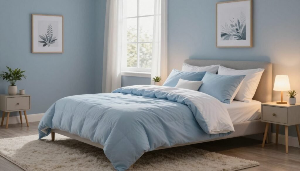 A serene bedroom designed for optimal sleep hygiene. In the foreground, a cozy, neatly made bed adorned with soft, calming colors like pale blue and white, with fluffy pillows and an inviting comforter. On either side of the bed, minimalistic nightstands hold small, elegant plants and a soft glow lamp emitting warm light. In the middle, a plush area rug adds comfort underfoot, while a window lets in gentle, diffused sunlight, showcasing light curtains that flutter lightly. The background features a calming wall color and framed nature artwork, enhancing tranquility. The mood is peaceful and inviting, emphasizing relaxation and calmness, illustrating an ideal sleep environment. A serene bedroom designed for optimal sleep hygiene. In the foreground, a cozy, neatly made bed adorned with soft, calming colors like pale blue and white, with fluffy pillows and an inviting comforter. On either side of the bed, minimalistic nightstands hold small, elegant plants and a soft glow lamp emitting warm light. In the middle, a plush area rug adds comfort underfoot, while a window lets in gentle, diffused sunlight, showcasing light curtains that flutter lightly. The background features a calming wall color and framed nature artwork, enhancing tranquility. The mood is peaceful and inviting, emphasizing relaxation and calmness, illustrating an ideal sleep environment.