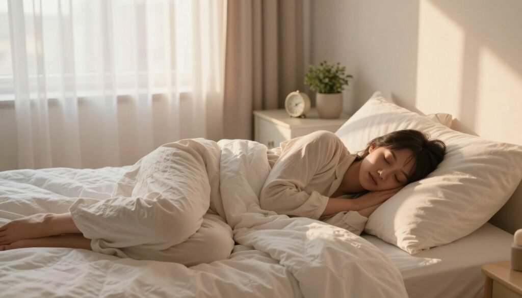 A serene bedroom during the golden hour, soft sunlight filtering through sheer curtains, casting gentle shadows. In the foreground, a cozy, neatly made bed with fluffy white pillows and a light quilt inviting a sense of comfort. A person, dressed in modest, casual sleepwear, lies peacefully asleep, their face relaxed and serene, embodying the essence of restful sleep. The middle ground features a bedside table with a calming clock, a small plant adding a touch of nature. In the background, soft pastel colors create a tranquil atmosphere, with relaxing decor enhancing the overall sense of peace. The lighting is warm and soft, evoking a feeling of safety and relaxation, with a shallow depth of field emphasizing the sleeping figure. A serene bedroom during the golden hour, soft sunlight filtering through sheer curtains, casting gentle shadows. In the foreground, a cozy, neatly made bed with fluffy white pillows and a light quilt inviting a sense of comfort. A person, dressed in modest, casual sleepwear, lies peacefully asleep, their face relaxed and serene, embodying the essence of restful sleep. The middle ground features a bedside table with a calming clock, a small plant adding a touch of nature. In the background, soft pastel colors create a tranquil atmosphere, with relaxing decor enhancing the overall sense of peace. The lighting is warm and soft, evoking a feeling of safety and relaxation, with a shallow depth of field emphasizing the sleeping figure.