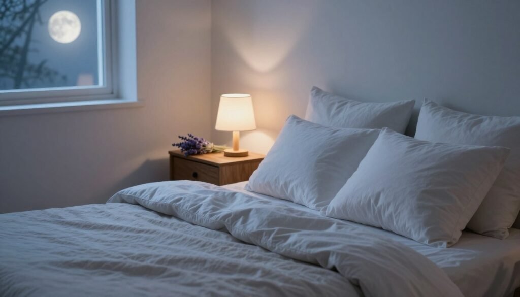 A serene bedroom scene that embodies the concept of better sleep quality. In the foreground, a beautifully made bed with soft, neutral-colored bedding and plush pillows, inviting relaxation. On one side of the bed, a small wooden nightstand holds a sprig of lavender, symbolizing calmness and promoting restful sleep. In the middle ground, a gentle glow of soft, warm lighting emanates from a stylish bedside lamp. In the background, a large window is slightly open, allowing soft moonlight to filter in, casting delicate shadows. The overall atmosphere is tranquil and peaceful, suggesting a harmonious balance between nutrition and rest, with a color palette of calming blues and whites. The angle is slightly elevated, capturing the cozy essence of the room while ensuring a sense of comfort and ease. A serene bedroom scene that embodies the concept of better sleep quality. In the foreground, a beautifully made bed with soft, neutral-colored bedding and plush pillows, inviting relaxation. On one side of the bed, a small wooden nightstand holds a sprig of lavender, symbolizing calmness and promoting restful sleep. In the middle ground, a gentle glow of soft, warm lighting emanates from a stylish bedside lamp. In the background, a large window is slightly open, allowing soft moonlight to filter in, casting delicate shadows. The overall atmosphere is tranquil and peaceful, suggesting a harmonious balance between nutrition and rest, with a color palette of calming blues and whites. The angle is slightly elevated, capturing the cozy essence of the room while ensuring a sense of comfort and ease.