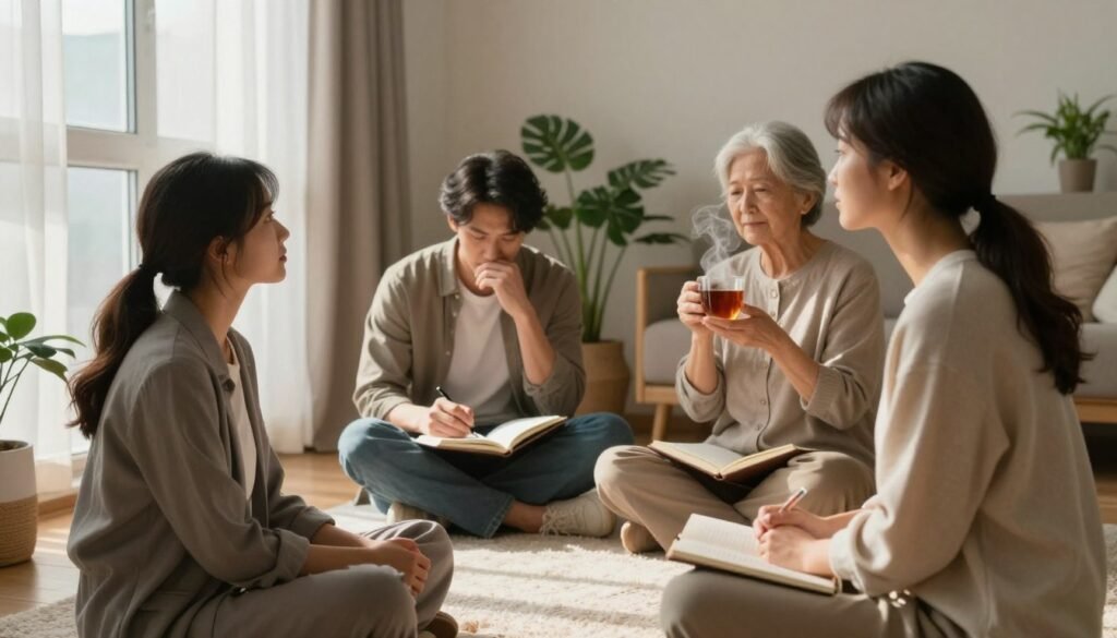 A serene, contemplative scene featuring a diverse group of individuals seated together in a cozy, softly lit room. In the foreground, a young woman in professional attire gazes thoughtfully out of a window, embodying introspection. In the middle, a middle-aged man sits cross-legged on a plush rug, journaling his feelings with a pen, surrounded by calming plants. Nearby, an elderly woman gently holds a steaming cup of tea, offering a sense of comfort. The background features warm daylight filtering through sheer curtains, casting soft shadows, and neutral tones creating a peaceful atmosphere. The overall mood conveys vulnerability and reflection, symbolizing the signs of poor emotional wellness, inviting viewers to explore their own feelings. A serene, contemplative scene featuring a diverse group of individuals seated together in a cozy, softly lit room. In the foreground, a young woman in professional attire gazes thoughtfully out of a window, embodying introspection. In the middle, a middle-aged man sits cross-legged on a plush rug, journaling his feelings with a pen, surrounded by calming plants. Nearby, an elderly woman gently holds a steaming cup of tea, offering a sense of comfort. The background features warm daylight filtering through sheer curtains, casting soft shadows, and neutral tones creating a peaceful atmosphere. The overall mood conveys vulnerability and reflection, symbolizing the signs of poor emotional wellness, inviting viewers to explore their own feelings.