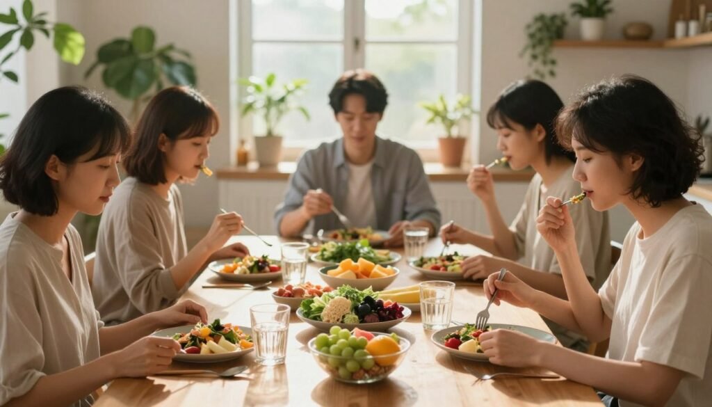 A serene dining table set in a softly lit room, surrounded by lush green plants. In the foreground, a diverse group of individuals, dressed in modest casual clothing, are engaged in a mindful eating experience. They are savoring a variety of colorful, healthy foods—fresh fruits, vibrant salads, and whole grains, artfully arranged on elegant plates. The middle ground features gentle sunlight streaming through a window, casting warm shadows that create a cozy atmosphere. The soft focus highlights their expressions of contentment and focus as they appreciate each bite, embodying mindfulness. In the background, blurred kitchen elements suggest a calming, inviting space. The overall mood is peaceful, promoting a sense of well-being and awareness. A serene dining table set in a softly lit room, surrounded by lush green plants. In the foreground, a diverse group of individuals, dressed in modest casual clothing, are engaged in a mindful eating experience. They are savoring a variety of colorful, healthy foods—fresh fruits, vibrant salads, and whole grains, artfully arranged on elegant plates. The middle ground features gentle sunlight streaming through a window, casting warm shadows that create a cozy atmosphere. The soft focus highlights their expressions of contentment and focus as they appreciate each bite, embodying mindfulness. In the background, blurred kitchen elements suggest a calming, inviting space. The overall mood is peaceful, promoting a sense of well-being and awareness.