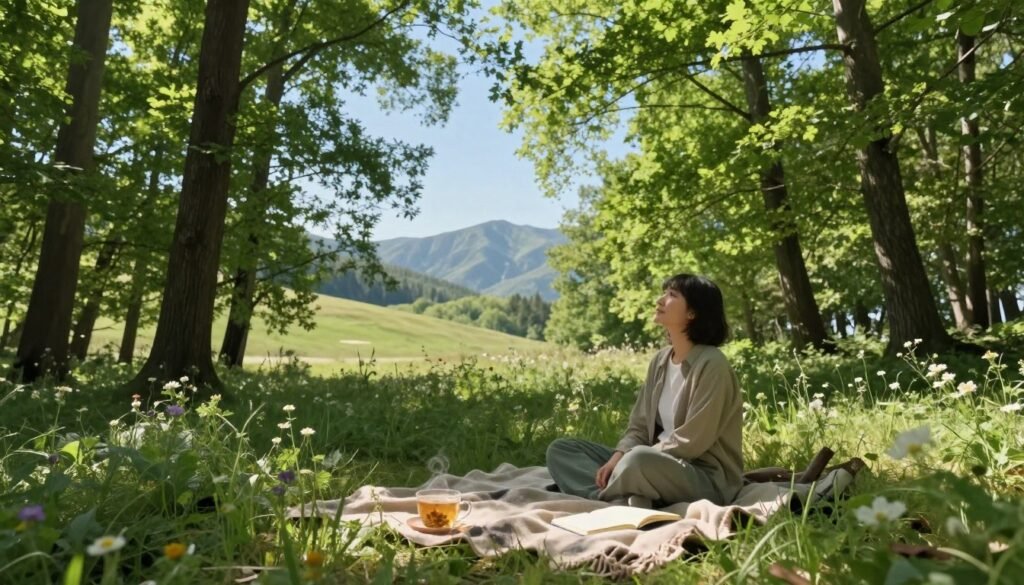 A serene forest glade bathed in soft, dappled sunlight filtering through the vibrant green leaves of tall trees. In the foreground, a cozy blanket is spread on the ground, accompanied by a soothing cup of herbal tea, and an open journal, inviting moments of reflection. The middle of the scene includes a person wearing casual, comfortable clothing, sitting peacefully, enjoying the tranquility of nature, their face serene and calm, surrounded by wildflowers. In the background, gentle rolling hills and distant mountain peaks create a harmonious landscape. The mood exudes relaxation and rejuvenation, with a clear blue sky overhead and the soft rustle of leaves in the breeze. Capture this scene with a focus on natural lighting and a slightly elevated angle to encompass both the details of the foreground and the beauty of the natural surroundings. A serene forest glade bathed in soft, dappled sunlight filtering through the vibrant green leaves of tall trees. In the foreground, a cozy blanket is spread on the ground, accompanied by a soothing cup of herbal tea, and an open journal, inviting moments of reflection. The middle of the scene includes a person wearing casual, comfortable clothing, sitting peacefully, enjoying the tranquility of nature, their face serene and calm, surrounded by wildflowers. In the background, gentle rolling hills and distant mountain peaks create a harmonious landscape. The mood exudes relaxation and rejuvenation, with a clear blue sky overhead and the soft rustle of leaves in the breeze. Capture this scene with a focus on natural lighting and a slightly elevated angle to encompass both the details of the foreground and the beauty of the natural surroundings.
