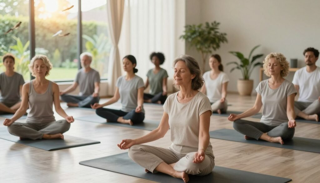 A serene indoor meditation space filled with natural light, highlighting a diverse group of individuals practicing mindfulness together. In the foreground, a middle-aged woman in modest casual clothing sits cross-legged on a yoga mat, her eyes closed and a gentle smile on her face, embodying tranquility. Surrounding her, a small group of people of various ethnicities and ages are in different meditation poses, radiating peace. The middle layer features soft, flowing curtains and potted plants, enhancing the calming atmosphere. In the background, a large window reveals a peaceful garden, bathed in warm sunlight, with birds chirping. The overall mood is one of harmony and emotional wellness, inviting a sense of calm and introspection. Capture this scene with soft lighting, a shallow depth of field, and a slightly elevated angle for a warm, inviting perspective. A serene indoor meditation space filled with natural light, highlighting a diverse group of individuals practicing mindfulness together. In the foreground, a middle-aged woman in modest casual clothing sits cross-legged on a yoga mat, her eyes closed and a gentle smile on her face, embodying tranquility. Surrounding her, a small group of people of various ethnicities and ages are in different meditation poses, radiating peace. The middle layer features soft, flowing curtains and potted plants, enhancing the calming atmosphere. In the background, a large window reveals a peaceful garden, bathed in warm sunlight, with birds chirping. The overall mood is one of harmony and emotional wellness, inviting a sense of calm and introspection. Capture this scene with soft lighting, a shallow depth of field, and a slightly elevated angle for a warm, inviting perspective.