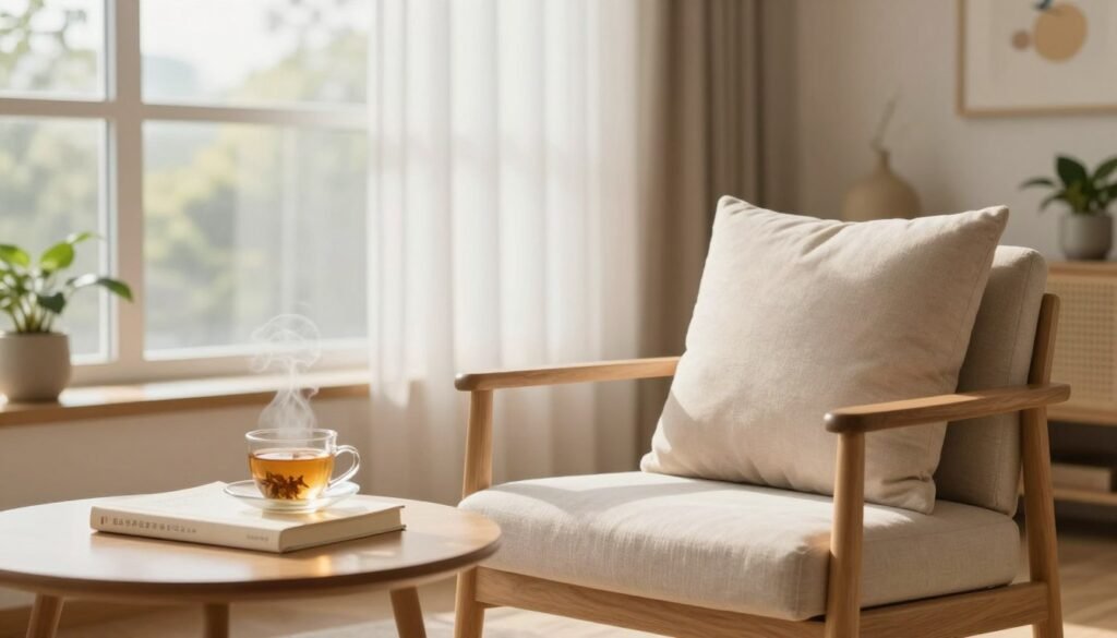 A serene indoor scene depicting a peaceful break area designed for stress management and relaxation techniques. In the foreground, a comfortably furnished chair with soft pillows sits beside a small coffee table holding a steaming cup of herbal tea and a book on mindfulness. The middle ground features large windows with sheer curtains allowing soft, warm natural light to fill the space, creating a tranquil atmosphere. In the background, potted plants and calming artwork contribute to a soothing vibe. The composition uses a shallow depth of field, focusing on the chair and table while gently blurring the backdrop for a sense of calm. The overall mood feels peaceful and restorative, highlighting the importance of taking breaks. A serene indoor scene depicting a peaceful break area designed for stress management and relaxation techniques. In the foreground, a comfortably furnished chair with soft pillows sits beside a small coffee table holding a steaming cup of herbal tea and a book on mindfulness. The middle ground features large windows with sheer curtains allowing soft, warm natural light to fill the space, creating a tranquil atmosphere. In the background, potted plants and calming artwork contribute to a soothing vibe. The composition uses a shallow depth of field, focusing on the chair and table while gently blurring the backdrop for a sense of calm. The overall mood feels peaceful and restorative, highlighting the importance of taking breaks.