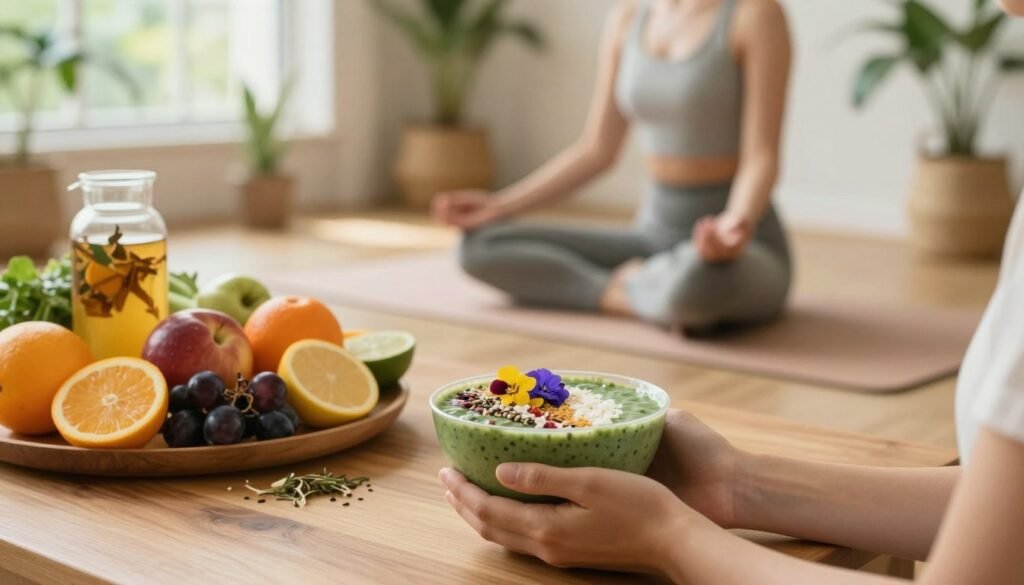 A serene indoor scene focused on holistic wellness, featuring a wooden table set with various vibrant fruits, colorful vegetables, and herbal infusions, emphasizing nourishment. In the foreground, a pair of hands gently cradles an organic smoothie bowl, topped with seeds and edible flowers. The middle ground includes a wooden yoga mat with a person in modest athletic attire practicing mindfulness and stretching, embodying tranquility. The background is softly lit with warm, natural light filtering through large windows adorned with indoor plants. The atmosphere is calm and rejuvenating, inviting feelings of health and well-being, perfect for illustrating the theme of nourishing the body from within. The lens should capture a soft focus, enhancing the inviting and peaceful vibe of the setting. A serene indoor scene focused on holistic wellness, featuring a wooden table set with various vibrant fruits, colorful vegetables, and herbal infusions, emphasizing nourishment. In the foreground, a pair of hands gently cradles an organic smoothie bowl, topped with seeds and edible flowers. The middle ground includes a wooden yoga mat with a person in modest athletic attire practicing mindfulness and stretching, embodying tranquility. The background is softly lit with warm, natural light filtering through large windows adorned with indoor plants. The atmosphere is calm and rejuvenating, inviting feelings of health and well-being, perfect for illustrating the theme of nourishing the body from within. The lens should capture a soft focus, enhancing the inviting and peaceful vibe of the setting.