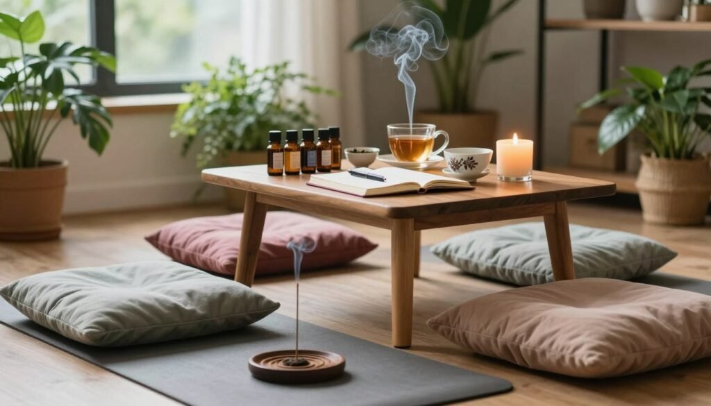 A serene indoor scene showcasing a variety of meditation and self-care resources. In the foreground, a beautifully arranged meditation corner featuring a soft yoga mat, an assortment of colorful cushions, and a burning incense holder releasing gentle smoke. In the middle ground, a small wooden table displays essential oil bottles, a journal with an open pen, herbal teas in elegant cups, and a candle casting a warm glow. The background is filled with lush indoor plants, creating a calming green ambiance. Soft, natural light filters through a nearby window, enhancing the peaceful atmosphere. The overall mood is tranquil and inviting, encouraging mindfulness and relaxation. The composition should reflect a harmonious space, ideal for focusing on self-care and meditation practices. A serene indoor scene showcasing a variety of meditation and self-care resources. In the foreground, a beautifully arranged meditation corner featuring a soft yoga mat, an assortment of colorful cushions, and a burning incense holder releasing gentle smoke. In the middle ground, a small wooden table displays essential oil bottles, a journal with an open pen, herbal teas in elegant cups, and a candle casting a warm glow. The background is filled with lush indoor plants, creating a calming green ambiance. Soft, natural light filters through a nearby window, enhancing the peaceful atmosphere. The overall mood is tranquil and inviting, encouraging mindfulness and relaxation. The composition should reflect a harmonious space, ideal for focusing on self-care and meditation practices.