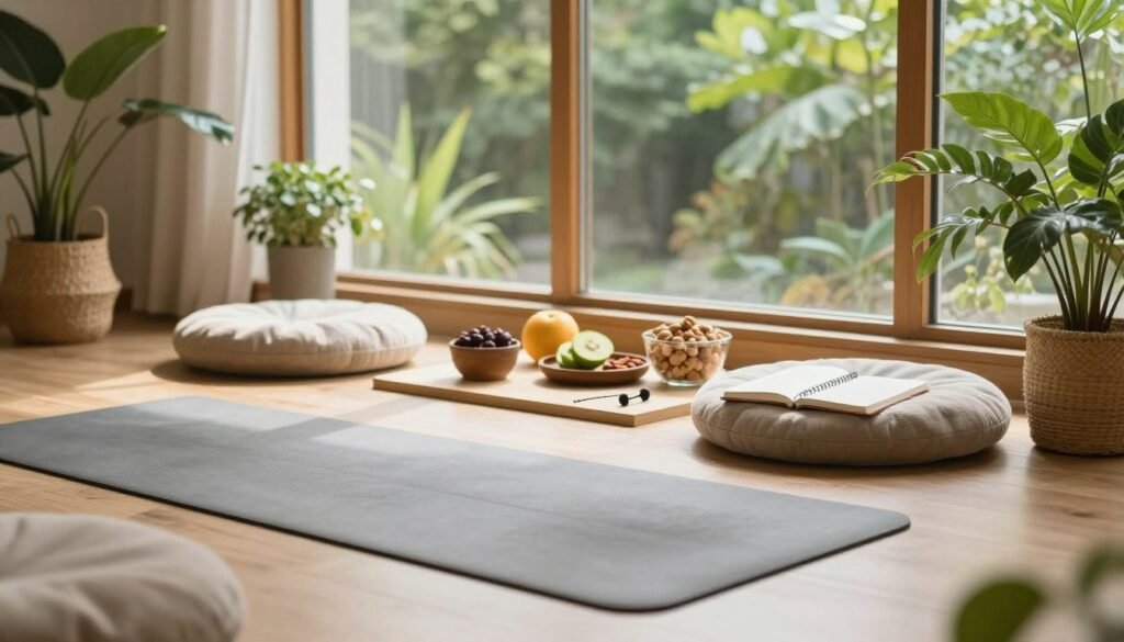 A serene indoor setting depicting holistic well-being, with a warm, natural light filtering through large windows. In the foreground, a comfortable meditation area featuring a yoga mat, soft cushions, and plants for a tranquil atmosphere. The middle area includes a neatly organized space with healthy foods, like fruits and nuts, as well as a journal and mindfulness tools. In the background, a calming view of lush greenery outside the window enhances the peaceful vibe. The angle captures both the tranquility of the interior space and the beauty of nature. The mood is soothing and uplifting, evoking a sense of balance and emotional wellness, ideal for incorporating healthy habits. A serene indoor setting depicting holistic well-being, with a warm, natural light filtering through large windows. In the foreground, a comfortable meditation area featuring a yoga mat, soft cushions, and plants for a tranquil atmosphere. The middle area includes a neatly organized space with healthy foods, like fruits and nuts, as well as a journal and mindfulness tools. In the background, a calming view of lush greenery outside the window enhances the peaceful vibe. The angle captures both the tranquility of the interior space and the beauty of nature. The mood is soothing and uplifting, evoking a sense of balance and emotional wellness, ideal for incorporating healthy habits.