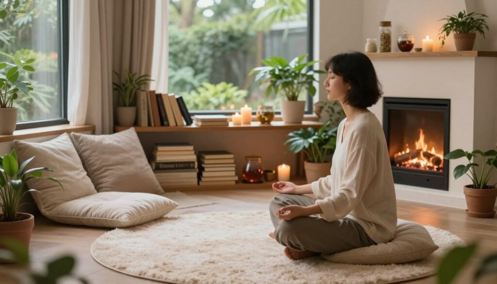 A serene indoor space designed for mindfulness and self-care, featuring a cozy meditation corner with soft cushions and warm, diffused lighting. In the foreground, a person in modest casual clothing sits cross-legged on a soft, plush rug, surrounded by potted plants and a gentle fireplace glow, embodying relaxation and peace. In the middle ground, there are shelves with calming books, candles, and herbal teas, promoting a sense of tranquility. The background reveals a large window with soft curtains, letting in natural light and a view of a tranquil garden. The atmosphere is calm and inviting, evoking a sense of support and safety, perfect for a mindfulness practice. A serene indoor space designed for mindfulness and self-care, featuring a cozy meditation corner with soft cushions and warm, diffused lighting. In the foreground, a person in modest casual clothing sits cross-legged on a soft, plush rug, surrounded by potted plants and a gentle fireplace glow, embodying relaxation and peace. In the middle ground, there are shelves with calming books, candles, and herbal teas, promoting a sense of tranquility. The background reveals a large window with soft curtains, letting in natural light and a view of a tranquil garden. The atmosphere is calm and inviting, evoking a sense of support and safety, perfect for a mindfulness practice.