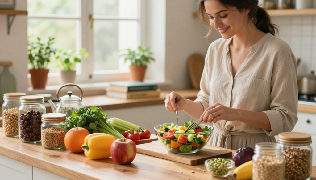 A serene kitchen setting bathed in warm, natural light, showcasing a healthy and vibrant array of fruits, vegetables, and whole grains on a wooden countertop. In the foreground, a woman in modest casual clothing prepares a colorful salad, her expression joyful and focused. She interacts with fresh ingredients, surrounded by healthy snacks in stylish jars. In the middle ground, there are nutritional books and an herbal tea kettle, hinting at wellness and self-care. The background features a sunny window with potted herbs, enhancing the atmosphere of freshness and vitality. Capture the mood of tranquility and empowerment, encouraging healthy living and optimal energy. Use a soft focus lens to create a warm and inviting ambiance, emphasizing the beauty of nutritious foods. A serene kitchen setting bathed in warm, natural light, showcasing a healthy and vibrant array of fruits, vegetables, and whole grains on a wooden countertop. In the foreground, a woman in modest casual clothing prepares a colorful salad, her expression joyful and focused. She interacts with fresh ingredients, surrounded by healthy snacks in stylish jars. In the middle ground, there are nutritional books and an herbal tea kettle, hinting at wellness and self-care. The background features a sunny window with potted herbs, enhancing the atmosphere of freshness and vitality. Capture the mood of tranquility and empowerment, encouraging healthy living and optimal energy. Use a soft focus lens to create a warm and inviting ambiance, emphasizing the beauty of nutritious foods.