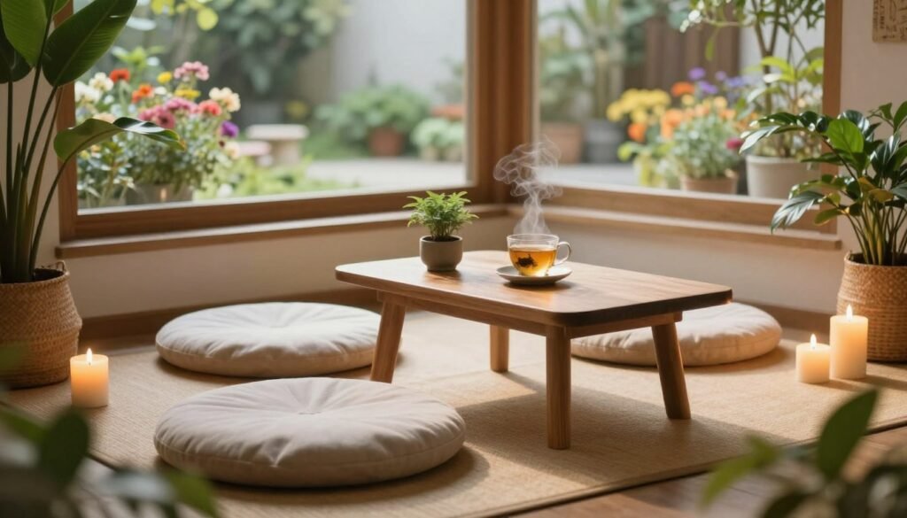 A serene, mindful living space bathed in soft, natural light. In the foreground, a cozy meditation nook with a plush cushion, surrounded by lush greenery and gentle, aromatic candles. The middle layer features a minimalist wooden coffee table adorned with a small potted plant and a steaming cup of herbal tea. In the background, large windows let in a warm glow, showcasing a peaceful outdoor garden filled with colorful flowers. The atmosphere is tranquil and inviting, promoting relaxation and well-being. Use a warm color palette with earthy tones, and capture the scene from a slightly elevated angle, ensuring depth and a sense of calm permeate the image. A serene, mindful living space bathed in soft, natural light. In the foreground, a cozy meditation nook with a plush cushion, surrounded by lush greenery and gentle, aromatic candles. The middle layer features a minimalist wooden coffee table adorned with a small potted plant and a steaming cup of herbal tea. In the background, large windows let in a warm glow, showcasing a peaceful outdoor garden filled with colorful flowers. The atmosphere is tranquil and inviting, promoting relaxation and well-being. Use a warm color palette with earthy tones, and capture the scene from a slightly elevated angle, ensuring depth and a sense of calm permeate the image.