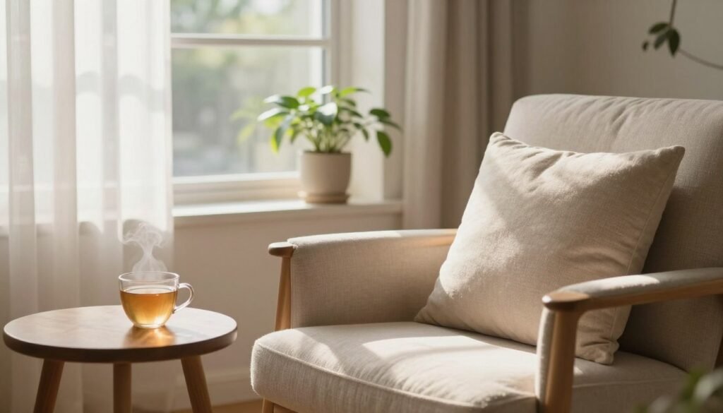 A serene morning scene depicting a cozy, minimalist living space focused on technology detox and self-care. In the foreground, a comfortable armchair adorned with soft, neutral-colored cushions invites relaxation, while a steaming cup of herbal tea rests on a small wooden side table. In the middle, a sunlit window reveals gently swaying indoor plants that enhance tranquility. The background showcases a softly glowing sunlight filtering through sheer curtains, casting warm shadows and a feeling of calm. The atmosphere is peaceful and inviting, evoking a sense of mindfulness and rejuvenation. Use natural lighting to create a soft, warm glow that enhances the cozy ambiance, with a shallow depth of field to focus on the foreground elements and the soothing color palette of soft earth tones. A serene morning scene depicting a cozy, minimalist living space focused on technology detox and self-care. In the foreground, a comfortable armchair adorned with soft, neutral-colored cushions invites relaxation, while a steaming cup of herbal tea rests on a small wooden side table. In the middle, a sunlit window reveals gently swaying indoor plants that enhance tranquility. The background showcases a softly glowing sunlight filtering through sheer curtains, casting warm shadows and a feeling of calm. The atmosphere is peaceful and inviting, evoking a sense of mindfulness and rejuvenation. Use natural lighting to create a soft, warm glow that enhances the cozy ambiance, with a shallow depth of field to focus on the foreground elements and the soothing color palette of soft earth tones.