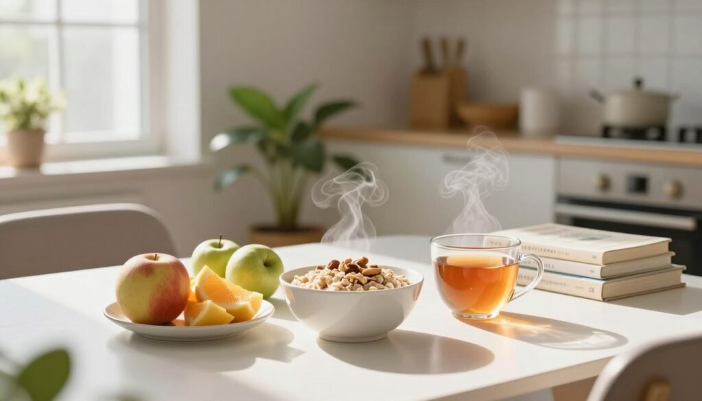 A serene morning scene illustrating wellness habits focused on nourishing the body. In the foreground, a beautifully arranged breakfast table with a variety of colorful fruits, a bowl of oatmeal topped with nuts, and a steaming cup of herbal tea. Soft, natural light streams through a nearby window, creating a warm and inviting ambiance. In the middle ground, a cozy chair and a houseplant add to the tranquil atmosphere, while a stack of health-related books rests nearby. The background shows a calm, light-filled kitchen with minimalist decor, emphasizing simplicity and freshness. The overall mood is peaceful and rejuvenating, capturing the essence of a gentle start to the day. The lens captures the scene with a slight depth of field, focusing on the breakfast while softly blurring the surroundings. A serene morning scene illustrating wellness habits focused on nourishing the body. In the foreground, a beautifully arranged breakfast table with a variety of colorful fruits, a bowl of oatmeal topped with nuts, and a steaming cup of herbal tea. Soft, natural light streams through a nearby window, creating a warm and inviting ambiance. In the middle ground, a cozy chair and a houseplant add to the tranquil atmosphere, while a stack of health-related books rests nearby. The background shows a calm, light-filled kitchen with minimalist decor, emphasizing simplicity and freshness. The overall mood is peaceful and rejuvenating, capturing the essence of a gentle start to the day. The lens captures the scene with a slight depth of field, focusing on the breakfast while softly blurring the surroundings.