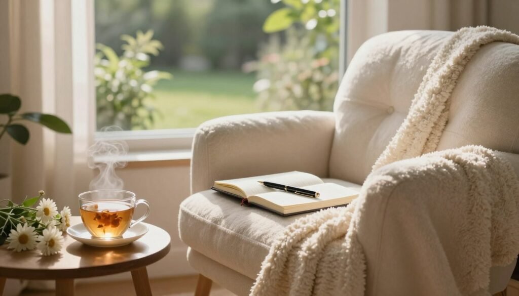 A serene morning scene showcasing self-care practices. In the foreground, a cozy nook with a soft, oversized chair draped in a fluffy blanket, with a steaming cup of herbal tea placed on a side table adorned with fresh flowers. In the middle, a sunlight-drenched window reveals a peaceful garden outside, with soft rays illuminating a journal and a pen resting on the chair’s arm, inviting intention-setting. The background features gentle greenery peeking through, creating a calming atmosphere. The lighting is warm and inviting, enhancing the soft textures of the blanket and the tranquil mood of the setting. Capture this scene in a soft focus, emphasizing warmth and peace, evoking a sense of mindfulness and intention at the start of the day. A serene morning scene showcasing self-care practices. In the foreground, a cozy nook with a soft, oversized chair draped in a fluffy blanket, with a steaming cup of herbal tea placed on a side table adorned with fresh flowers. In the middle, a sunlight-drenched window reveals a peaceful garden outside, with soft rays illuminating a journal and a pen resting on the chair’s arm, inviting intention-setting. The background features gentle greenery peeking through, creating a calming atmosphere. The lighting is warm and inviting, enhancing the soft textures of the blanket and the tranquil mood of the setting. Capture this scene in a soft focus, emphasizing warmth and peace, evoking a sense of mindfulness and intention at the start of the day.
