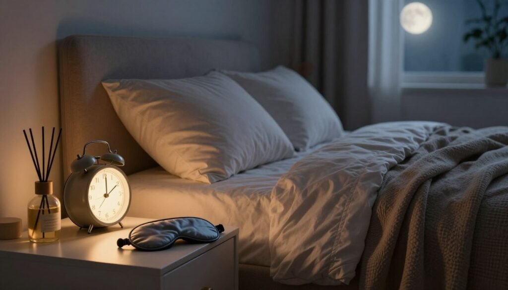 A serene nighttime scene that highlights various sleep aids in an inviting bedroom setting. In the foreground, display a stylish bedside table adorned with a gentle alarm clock, a decorative essential oil diffuser, and a few sleep masks. In the middle, show a neatly made bed with soft, inviting pillows and a cozy blanket, suggesting comfort and tranquility. The background features dimly lit curtains that filter in a soft moonlight, casting a calming glow throughout the room. Use warm, soft lighting to evoke a peaceful atmosphere, capturing the essence of relaxation. The overall mood should be tranquil and reassuring, inviting the viewer to imagine a restful night's sleep without distractions. A serene nighttime scene that highlights various sleep aids in an inviting bedroom setting. In the foreground, display a stylish bedside table adorned with a gentle alarm clock, a decorative essential oil diffuser, and a few sleep masks. In the middle, show a neatly made bed with soft, inviting pillows and a cozy blanket, suggesting comfort and tranquility. The background features dimly lit curtains that filter in a soft moonlight, casting a calming glow throughout the room. Use warm, soft lighting to evoke a peaceful atmosphere, capturing the essence of relaxation. The overall mood should be tranquil and reassuring, inviting the viewer to imagine a restful night's sleep without distractions.