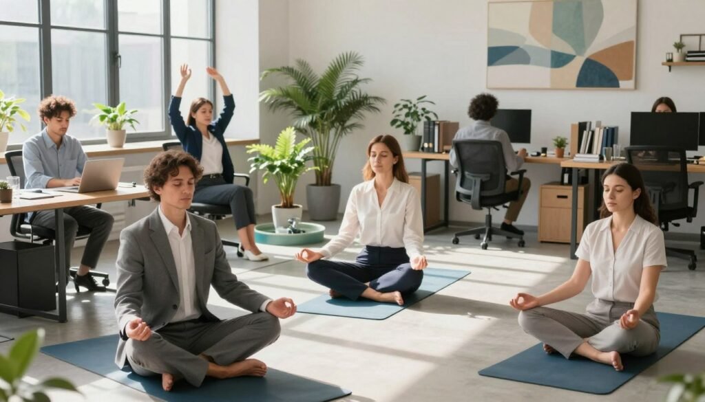 A serene office environment showcasing stress management and relaxation techniques in the workplace. In the foreground, a diverse group of professionals in business attire is practicing mindfulness, with one person meditating in a comfortable chair, another stretching at their desk, and a third engaging in light yoga poses on a mat. In the middle ground, calming plants and a small water fountain create a peaceful ambiance, while natural light filters through large windows, casting soft shadows. The background features soothing artwork and an organized workspace, emphasizing a tranquil atmosphere. Overall, the mood is peaceful and supportive, encapsulating emotional wellness in a productive setting. The image is brightly lit, with a balanced focus that enhances the sense of calm and relaxation. A serene office environment showcasing stress management and relaxation techniques in the workplace. In the foreground, a diverse group of professionals in business attire is practicing mindfulness, with one person meditating in a comfortable chair, another stretching at their desk, and a third engaging in light yoga poses on a mat. In the middle ground, calming plants and a small water fountain create a peaceful ambiance, while natural light filters through large windows, casting soft shadows. The background features soothing artwork and an organized workspace, emphasizing a tranquil atmosphere. Overall, the mood is peaceful and supportive, encapsulating emotional wellness in a productive setting. The image is brightly lit, with a balanced focus that enhances the sense of calm and relaxation.