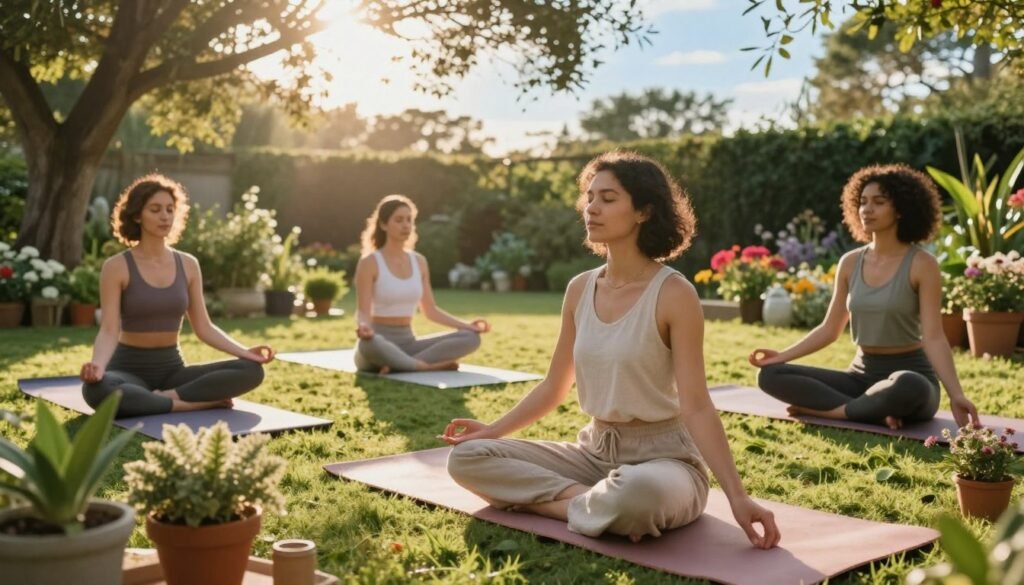 A serene scene depicting holistic wellness for women, featuring a diverse group of women engaging in various wellness practices. In the foreground, a woman in modest, casual clothing is practicing yoga on a soft mat, surrounded by potted plants and natural elements. The middle ground showcases another woman meditating, with gentle sunlight filtering through trees, casting a warm glow. In the background, a peaceful garden with vibrant flowers and a clear sky enhances the tranquility. The atmosphere is calm and inviting, reflecting a sense of harmony and balance. Use soft, natural lighting, captured from a slightly elevated angle to encompass the serene environment, promoting feelings of inner peace and energy. A serene scene depicting holistic wellness for women, featuring a diverse group of women engaging in various wellness practices. In the foreground, a woman in modest, casual clothing is practicing yoga on a soft mat, surrounded by potted plants and natural elements. The middle ground showcases another woman meditating, with gentle sunlight filtering through trees, casting a warm glow. In the background, a peaceful garden with vibrant flowers and a clear sky enhances the tranquility. The atmosphere is calm and inviting, reflecting a sense of harmony and balance. Use soft, natural lighting, captured from a slightly elevated angle to encompass the serene environment, promoting feelings of inner peace and energy.