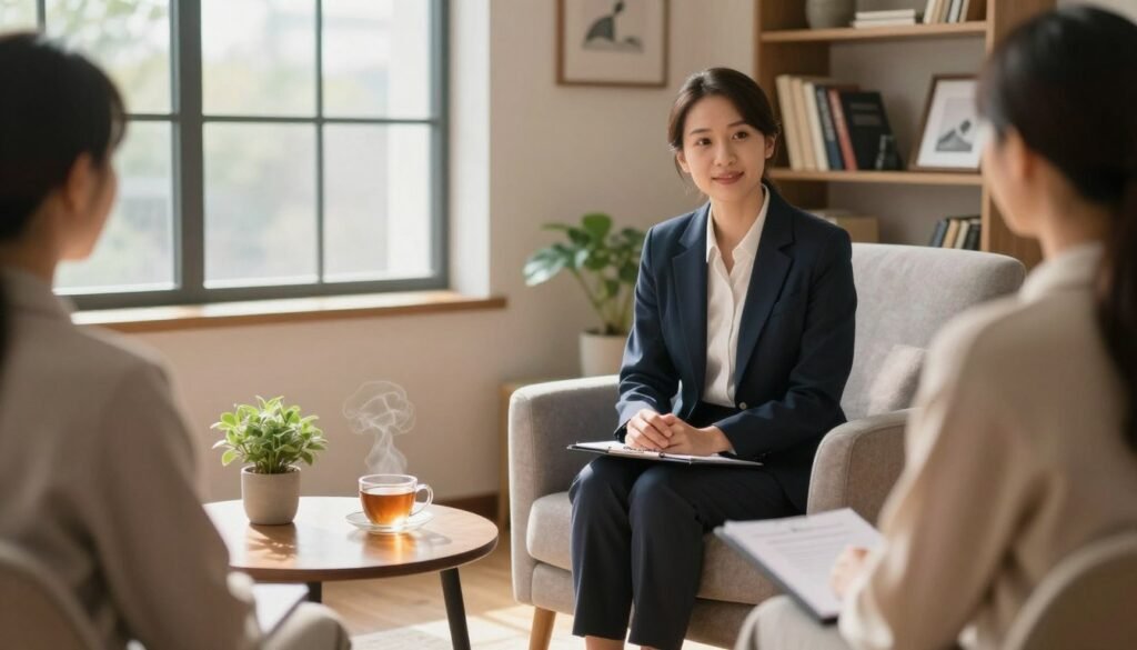 A serene therapist’s office with a cozy atmosphere, featuring a comfortable armchair in the foreground where a professional dressed in smart casual attire sits, engaging with a client. The middle ground showcases a warm, inviting setting with soft, natural lighting filtering through a large window, casting gentle shadows. A small coffee table is adorned with calming essentials like a plant, a notepad, and a steaming cup of tea. In the background, a bookshelf filled with self-help books and framed artworks adds to the tranquility of the scene. The overall mood is one of peace and support, emphasizing the importance of professional help in fostering emotional wellness. Use a soft focus lens effect to create a warm, nurturing ambiance. A serene therapist’s office with a cozy atmosphere, featuring a comfortable armchair in the foreground where a professional dressed in smart casual attire sits, engaging with a client. The middle ground showcases a warm, inviting setting with soft, natural lighting filtering through a large window, casting gentle shadows. A small coffee table is adorned with calming essentials like a plant, a notepad, and a steaming cup of tea. In the background, a bookshelf filled with self-help books and framed artworks adds to the tranquility of the scene. The overall mood is one of peace and support, emphasizing the importance of professional help in fostering emotional wellness. Use a soft focus lens effect to create a warm, nurturing ambiance.