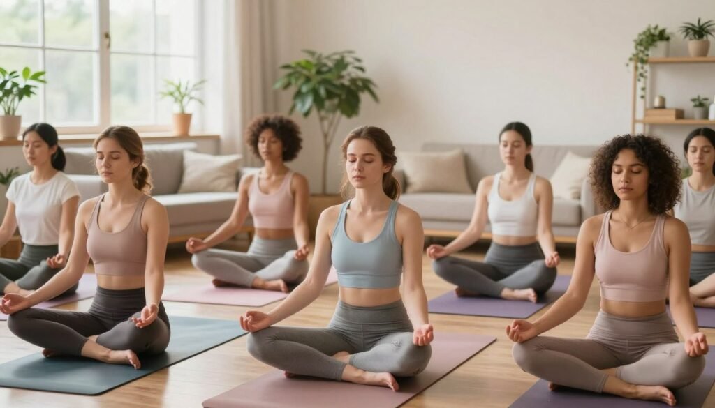 A serene, tranquil scene depicting the importance of mental health for women. In the foreground, a diverse group of women is engaged in mindfulness activities, such as meditation and gentle yoga, dressed in modest, professional activewear. The middle layer features a softly lit, inviting room surrounded by plants and calming decor, with cozy seating areas that promote relaxation. In the background, large windows allow warm, natural light to flood in, illuminating the scene and creating a harmonious, uplifting atmosphere. The color palette is soothing with pastel hues, emphasizing peace and wellness. The overall mood is one of calm empowerment, highlighting mental health as a key component of everyday energy and wellness. A serene, tranquil scene depicting the importance of mental health for women. In the foreground, a diverse group of women is engaged in mindfulness activities, such as meditation and gentle yoga, dressed in modest, professional activewear. The middle layer features a softly lit, inviting room surrounded by plants and calming decor, with cozy seating areas that promote relaxation. In the background, large windows allow warm, natural light to flood in, illuminating the scene and creating a harmonious, uplifting atmosphere. The color palette is soothing with pastel hues, emphasizing peace and wellness. The overall mood is one of calm empowerment, highlighting mental health as a key component of everyday energy and wellness.