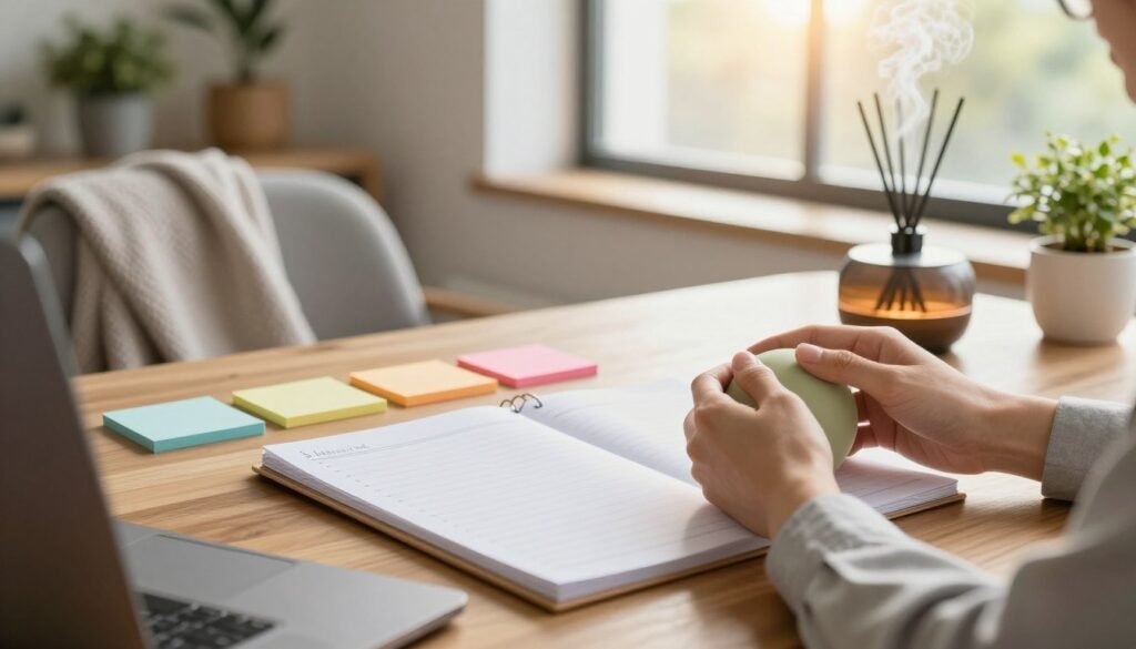 A serene workspace setting, showcasing a wooden desk with a neatly arranged planner, colorful sticky notes, and a calming essential oil diffuser emitting a light mist. In the foreground, a pair of hands, dressed in professional attire, gently squeeze a stress ball, conveying a sense of relief. In the middle ground, a cozy chair adorned with a soft blanket invites a moment of relaxation, while calming plants in decorative pots add a touch of greenery. In the background, a large window allows warm, natural sunlight to flood the space, enhancing the peaceful atmosphere. The overall mood is tranquil and inviting, encouraging a personalized approach to stress management and mindful pauses throughout a hectic day. A serene workspace setting, showcasing a wooden desk with a neatly arranged planner, colorful sticky notes, and a calming essential oil diffuser emitting a light mist. In the foreground, a pair of hands, dressed in professional attire, gently squeeze a stress ball, conveying a sense of relief. In the middle ground, a cozy chair adorned with a soft blanket invites a moment of relaxation, while calming plants in decorative pots add a touch of greenery. In the background, a large window allows warm, natural sunlight to flood the space, enhancing the peaceful atmosphere. The overall mood is tranquil and inviting, encouraging a personalized approach to stress management and mindful pauses throughout a hectic day.