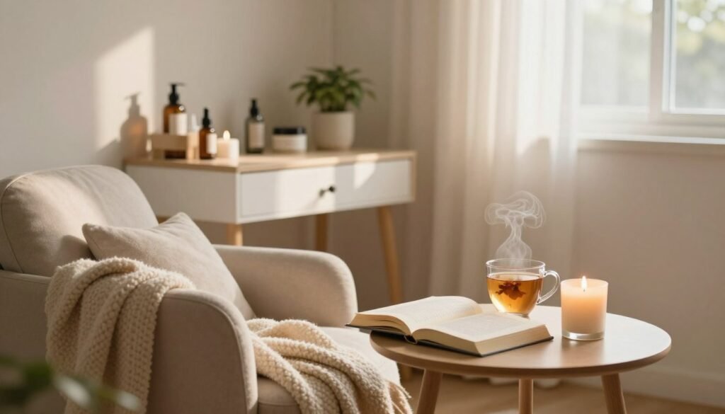 A tranquil morning scene in a softly lit bedroom, focusing on a self-care routine. In the foreground, a cozy reading nook with a plush armchair, a warm blanket draped over it, and an open book resting on a small side table adorned with a fragrant candle and a steaming cup of herbal tea. The middle ground features a neatly arranged vanity table with skincare products, a small potted plant, and a sunbeam illuminating the items, enhancing the warm atmosphere. In the background, light pastel walls and a window revealing gentle morning light filtering through sheer curtains. The overall mood is serene and inviting, capturing the essence of creating a peaceful morning environment. Use a soft focus lens effect to enhance the calm ambiance of the scene. A tranquil morning scene in a softly lit bedroom, focusing on a self-care routine. In the foreground, a cozy reading nook with a plush armchair, a warm blanket draped over it, and an open book resting on a small side table adorned with a fragrant candle and a steaming cup of herbal tea. The middle ground features a neatly arranged vanity table with skincare products, a small potted plant, and a sunbeam illuminating the items, enhancing the warm atmosphere. In the background, light pastel walls and a window revealing gentle morning light filtering through sheer curtains. The overall mood is serene and inviting, capturing the essence of creating a peaceful morning environment. Use a soft focus lens effect to enhance the calm ambiance of the scene.