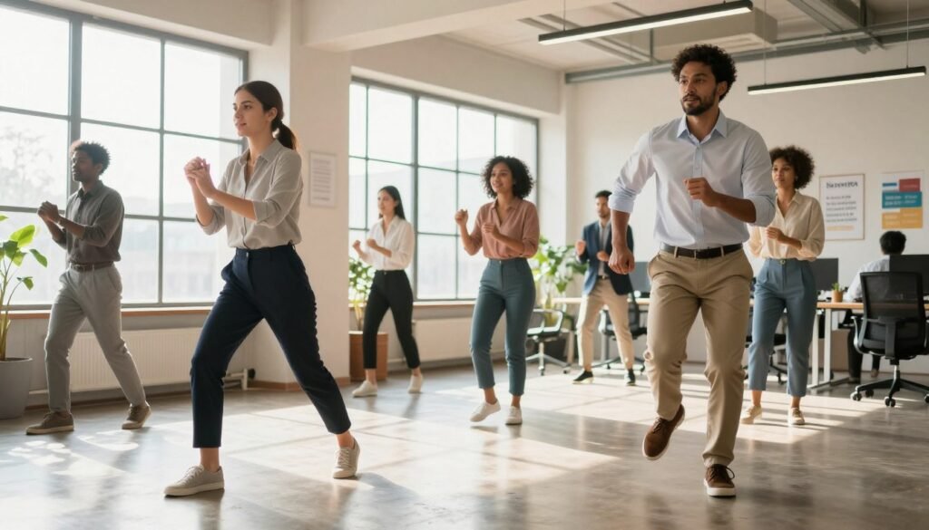 A vibrant office setting with a diverse group of professionals engaging in quick movement sessions for stress relief. In the foreground, a woman in business casual attire is performing a stretching exercise, while a man in a smart shirt and chinos is doing a light jog. In the middle, a few colleagues are participating in a group activity, showing diversity in gender and ethnicity. The background features large windows allowing natural light to flood the space, creating a warm and inviting atmosphere. The room is decorated with plants and motivational posters, enhancing the mood of positivity and relaxation. The image composition should emphasize movement and energy, captured with a slightly low-angle perspective to highlight the participants against the bright, sunny exterior. A vibrant office setting with a diverse group of professionals engaging in quick movement sessions for stress relief. In the foreground, a woman in business casual attire is performing a stretching exercise, while a man in a smart shirt and chinos is doing a light jog. In the middle, a few colleagues are participating in a group activity, showing diversity in gender and ethnicity. The background features large windows allowing natural light to flood the space, creating a warm and inviting atmosphere. The room is decorated with plants and motivational posters, enhancing the mood of positivity and relaxation. The image composition should emphasize movement and energy, captured with a slightly low-angle perspective to highlight the participants against the bright, sunny exterior.