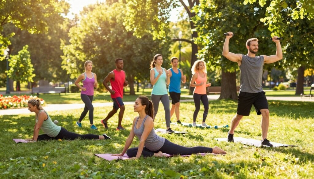 A vibrant scene depicting a diverse group of individuals participating in various fitness routines outdoors in a sunny park. In the foreground, a woman in modest athletic wear performs yoga poses on a mat, embodying balance and tranquility. Nearby, a man lifts weights with focused determination, showcasing strength. In the middle ground, a small group jogs together, illustrating camaraderie and motivation. Lush green trees and colorful flowers create a lively background, enhancing the impression of a healthy lifestyle. The lighting is warm and inviting, with sun rays filtering through the leaves, casting dappled shadows. Use a wide-angle lens to capture the dynamic atmosphere, conveying energy and enthusiasm for physical activity. The overall mood is uplifting, inspiring viewers to embrace regular exercise as part of their healthy living journey. A vibrant scene depicting a diverse group of individuals participating in various fitness routines outdoors in a sunny park. In the foreground, a woman in modest athletic wear performs yoga poses on a mat, embodying balance and tranquility. Nearby, a man lifts weights with focused determination, showcasing strength. In the middle ground, a small group jogs together, illustrating camaraderie and motivation. Lush green trees and colorful flowers create a lively background, enhancing the impression of a healthy lifestyle. The lighting is warm and inviting, with sun rays filtering through the leaves, casting dappled shadows. Use a wide-angle lens to capture the dynamic atmosphere, conveying energy and enthusiasm for physical activity. The overall mood is uplifting, inspiring viewers to embrace regular exercise as part of their healthy living journey.