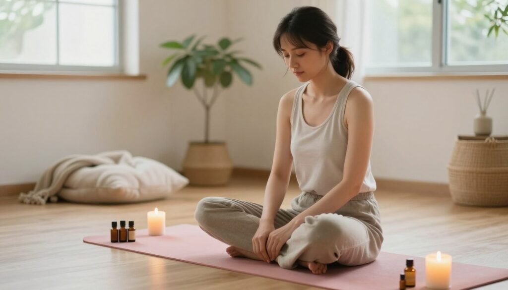 In a serene and aesthetically pleasing setting, a woman in modest casual clothing is engaged in self-care activities. In the foreground, she sits cross-legged on a soft, colorful yoga mat, surrounded by essential oils and candles gently glowing. The middle ground features a small indoor plant and a cozy throw blanket, hinting at a nurturing atmosphere. In the background, softly diffused natural light pours in through a large window, illuminating the space with a warm, inviting glow. Capture the scene from a slightly elevated angle to emphasize the relaxed environment. The mood should be tranquil and introspective, reflecting a moment of emotional wellness and self-connection. In a serene and aesthetically pleasing setting, a woman in modest casual clothing is engaged in self-care activities. In the foreground, she sits cross-legged on a soft, colorful yoga mat, surrounded by essential oils and candles gently glowing. The middle ground features a small indoor plant and a cozy throw blanket, hinting at a nurturing atmosphere. In the background, softly diffused natural light pours in through a large window, illuminating the space with a warm, inviting glow. Capture the scene from a slightly elevated angle to emphasize the relaxed environment. The mood should be tranquil and introspective, reflecting a moment of emotional wellness and self-connection.